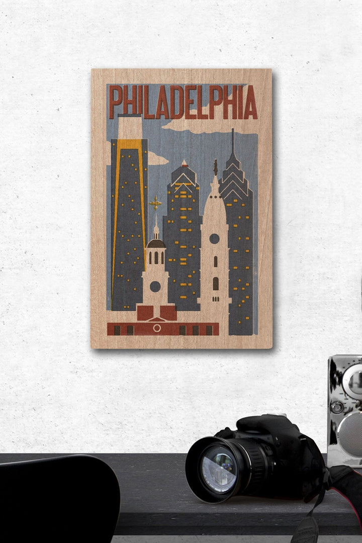 Philadelphia, Pennsylvania, Woodblock, Lantern Press Artwork, Wood Signs and Postcards Wood Lantern Press 12 x 18 Wood Gallery Print 