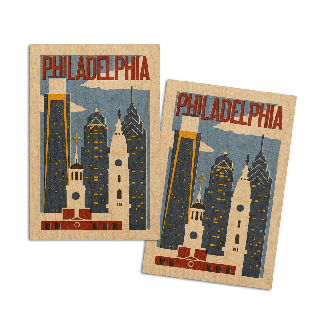 Philadelphia, Pennsylvania, Woodblock, Lantern Press Artwork, Wood Signs and Postcards Wood Lantern Press 4x6 Wood Postcard Set 