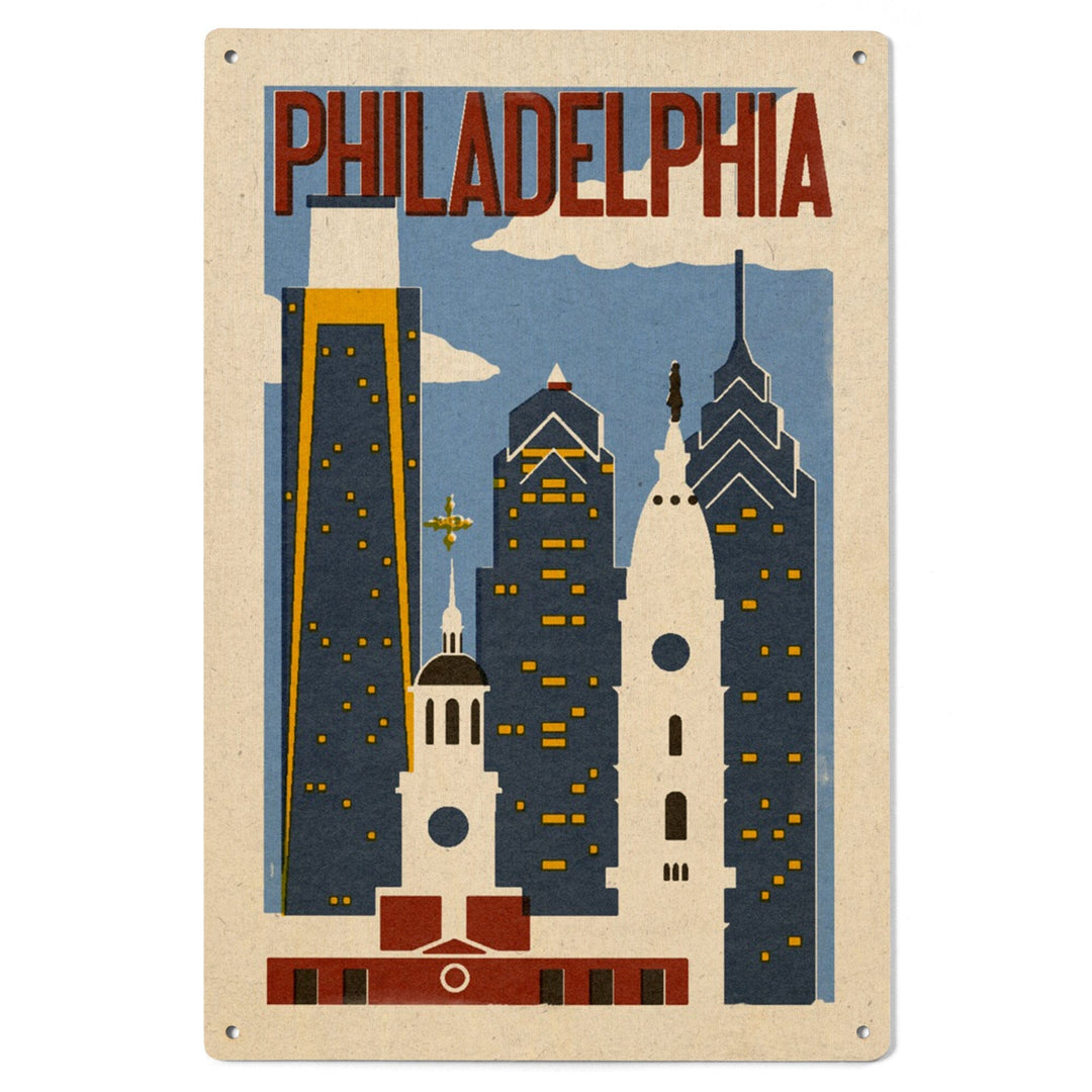 Philadelphia, Pennsylvania, Woodblock, Lantern Press Artwork, Wood Signs and Postcards Wood Lantern Press 