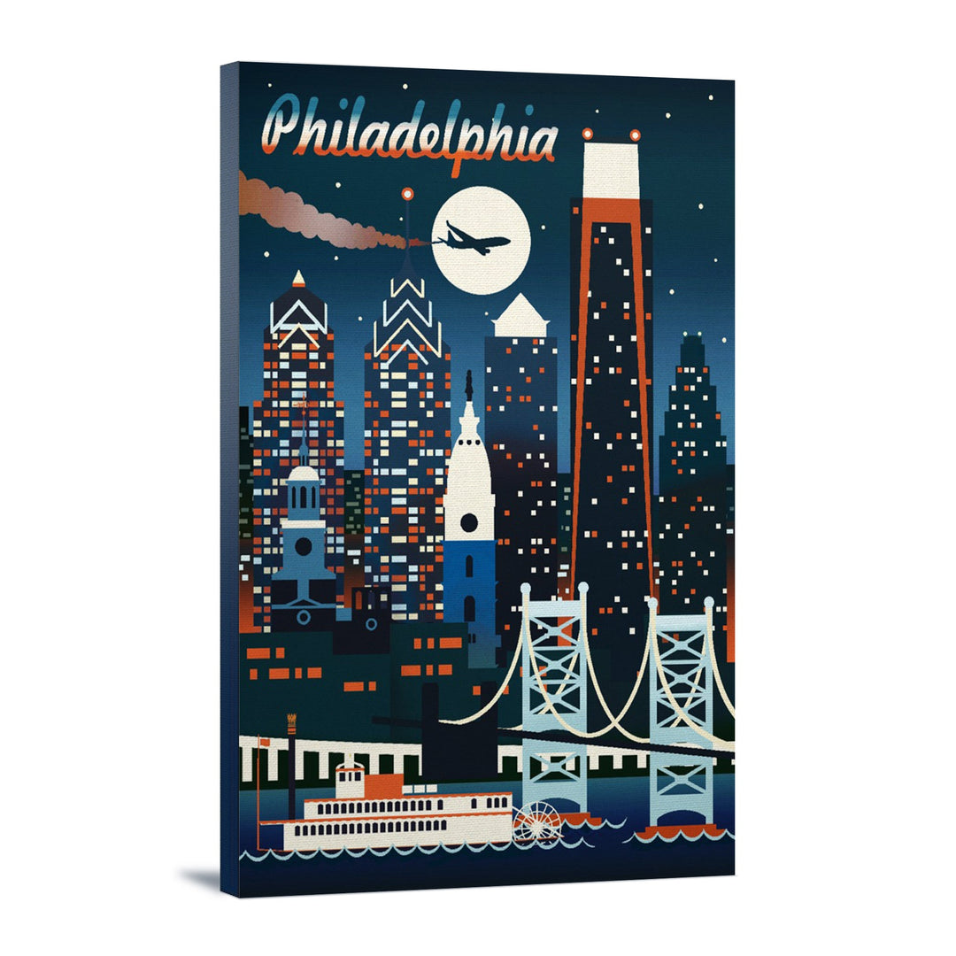 Philadelphia, Retro Skyline Chromatic Series, Lantern Press Artwork, Stretched Canvas Canvas Lantern Press 12x18 Stretched Canvas 