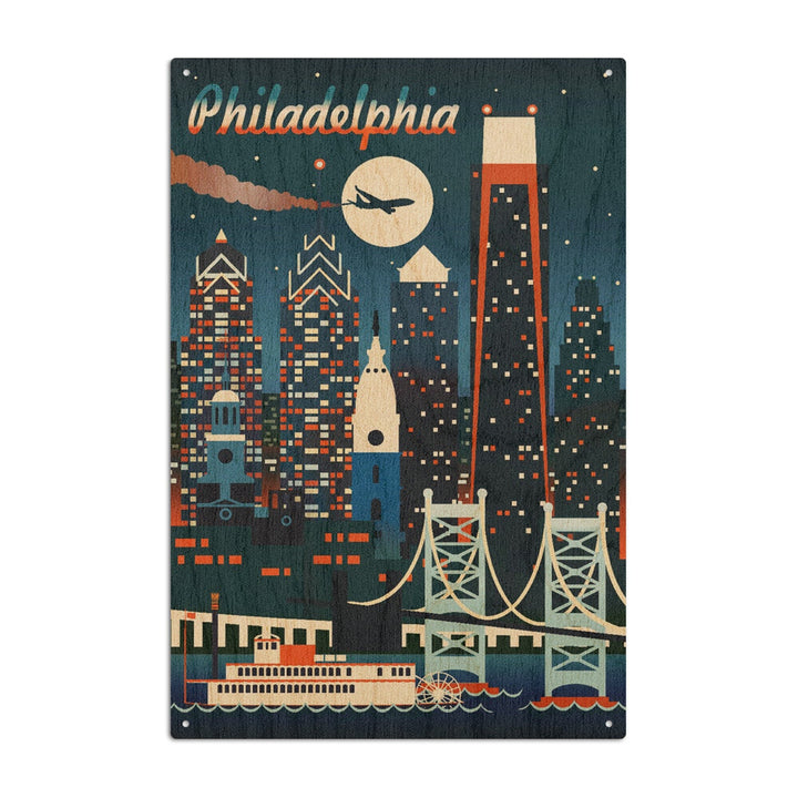 Philadelphia, Retro Skyline Chromatic Series, Lantern Press Artwork, Wood Signs and Postcards Wood Lantern Press 10 x 15 Wood Sign 