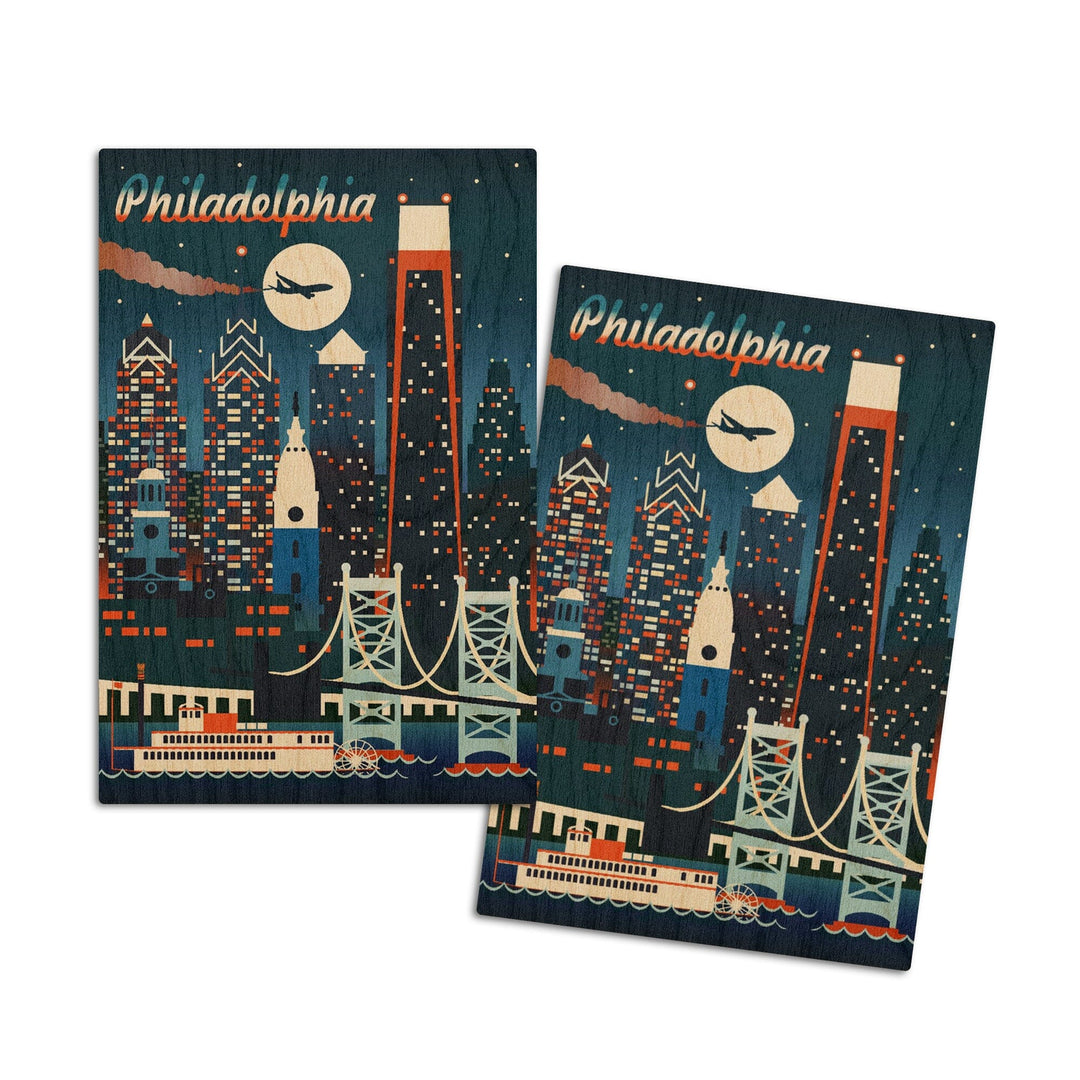 Philadelphia, Retro Skyline Chromatic Series, Lantern Press Artwork, Wood Signs and Postcards Wood Lantern Press 4x6 Wood Postcard Set 