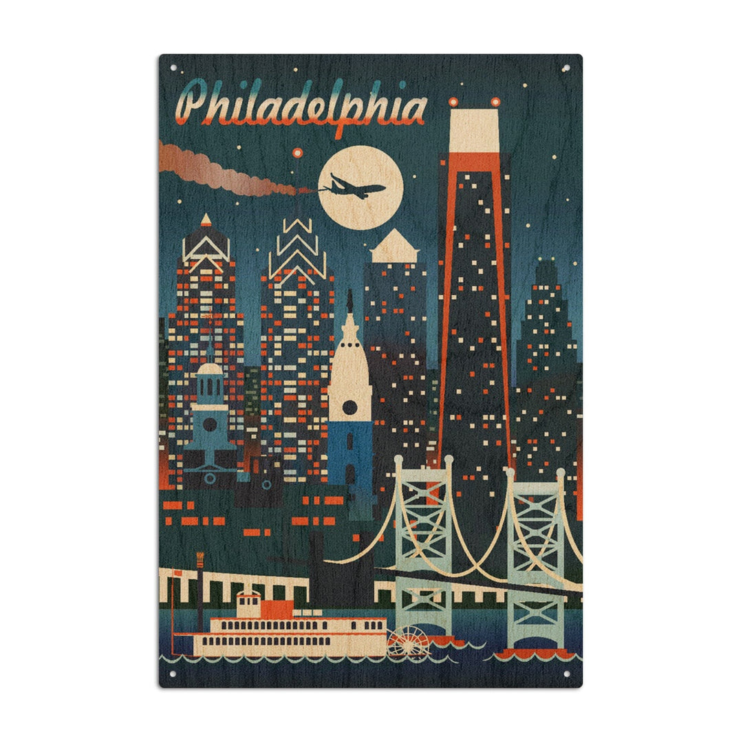 Philadelphia, Retro Skyline Chromatic Series, Lantern Press Artwork, Wood Signs and Postcards Wood Lantern Press 6x9 Wood Sign 