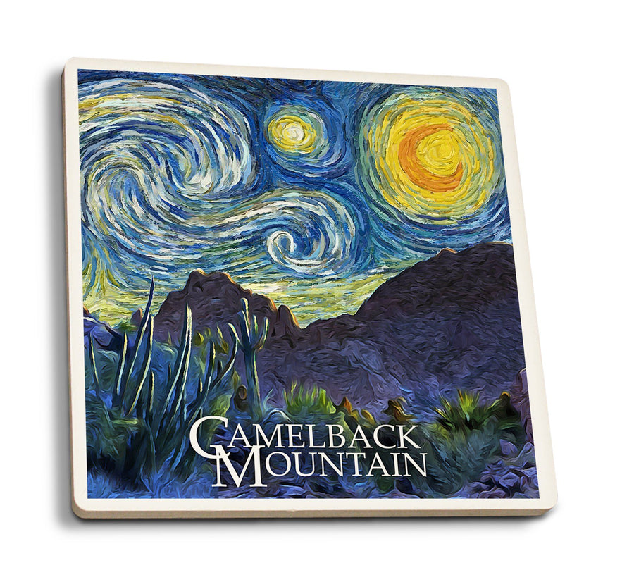 Phoenix, Arizona, Camelback Mountain, Starry Night, Lantern Press Artwork, Coaster Set Coasters Lantern Press 