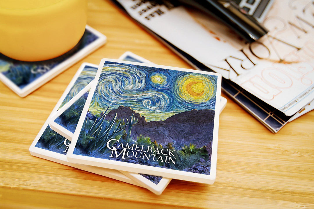 Phoenix, Arizona, Camelback Mountain, Starry Night, Lantern Press Artwork, Coaster Set Coasters Lantern Press 