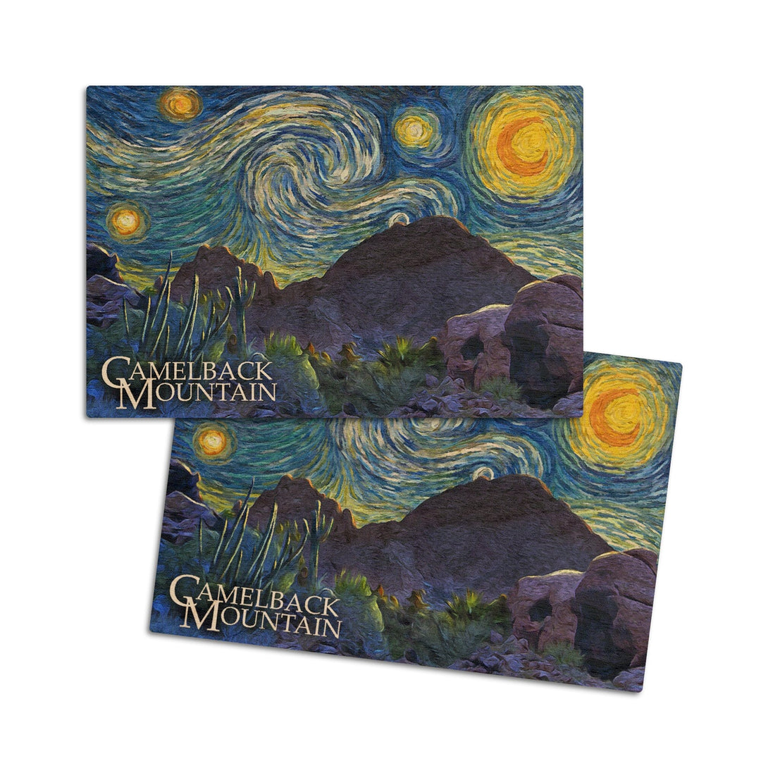 Phoenix, Arizona, Camelback Mountain, Starry Night, Lantern Press Artwork, Wood Signs and Postcards Wood Lantern Press 4x6 Wood Postcard Set 