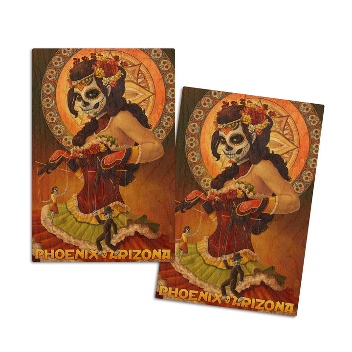 Phoenix, Arizona, Day of the Dead Marionettes, Lantern Press Artwork, Wood Signs and Postcards Wood Lantern Press 4x6 Wood Postcard Set 