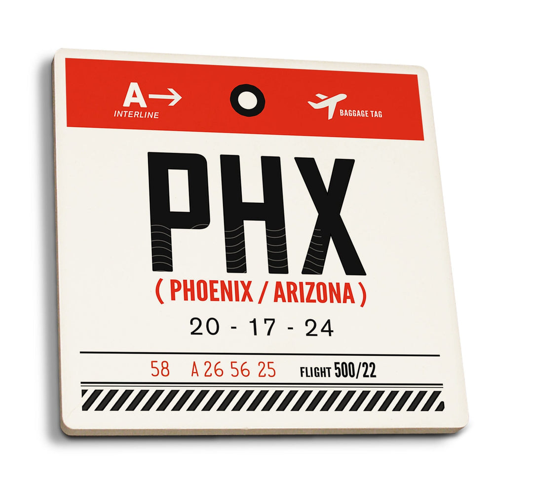 Phoenix, Arizona, PHX, Bright Red, Luggage Tag, Coaster Set Coasters Lantern Press 