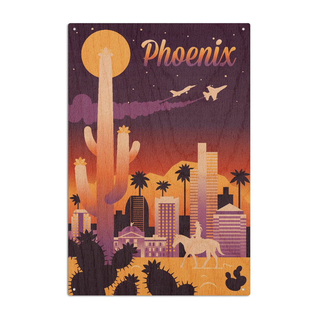 Phoenix, Arizona, Retro Skyline Chromatic Series, Lantern Press Artwork, Wood Signs and Postcards Wood Lantern Press 10 x 15 Wood Sign 