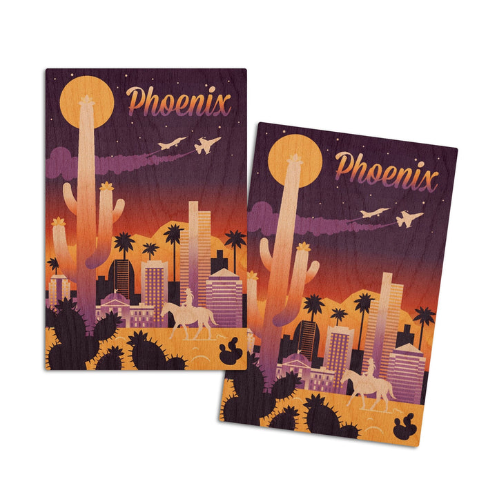 Phoenix, Arizona, Retro Skyline Chromatic Series, Lantern Press Artwork, Wood Signs and Postcards Wood Lantern Press 4x6 Wood Postcard Set 