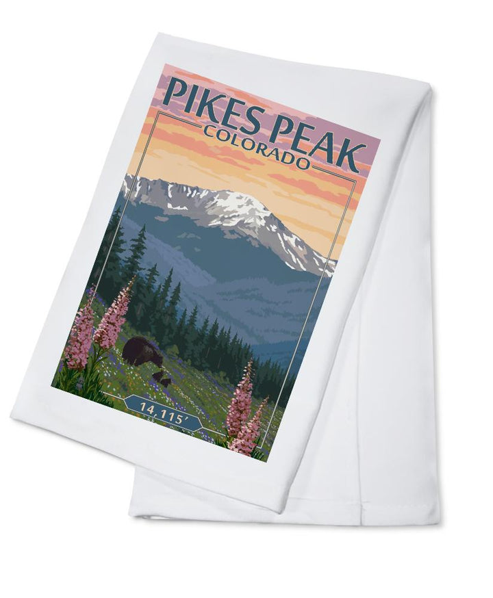 Pikes Peak, Colorado, Bear & Spring Flowers, Lantern Press Artwork, Towels and Aprons Kitchen Lantern Press Cotton Towel 