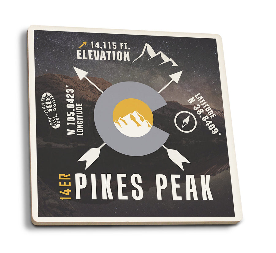 Pikes Peak, Colorado, Infographic, The Fourteeners, Lantern Press Artwork, Coaster Set Coasters Lantern Press 