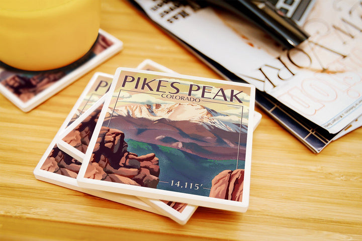 Pikes Peak, Colorado, Lithograph, Lantern Press Artwork, Coaster Set Coasters Lantern Press 