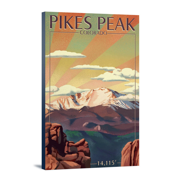 Pikes Peak, Colorado, Lithograph, Lantern Press Artwork, Stretched Canvas Canvas Lantern Press 16x24 Stretched Canvas 