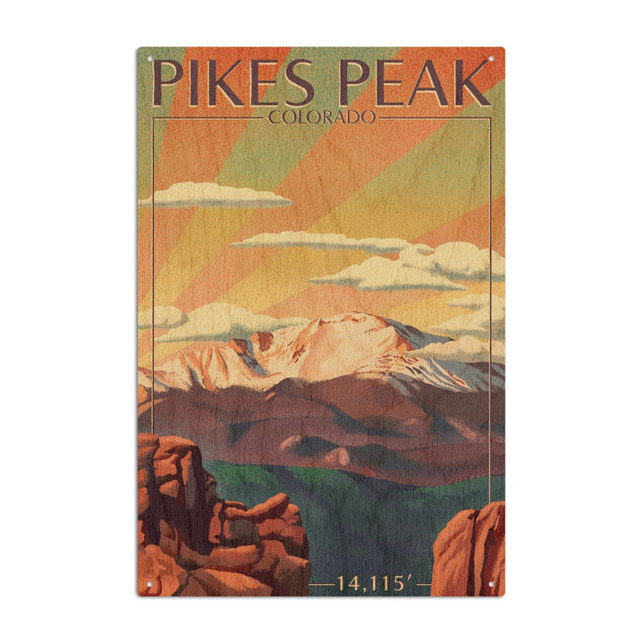 Pikes Peak, Colorado, Lithograph, Lantern Press Artwork, Wood Signs and Postcards Wood Lantern Press 10 x 15 Wood Sign 