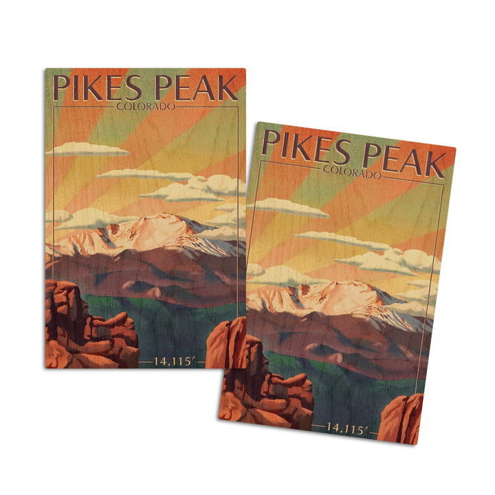 Pikes Peak, Colorado, Lithograph, Lantern Press Artwork, Wood Signs and Postcards Wood Lantern Press 4x6 Wood Postcard Set 