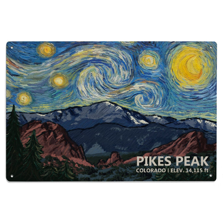 Pikes Peak, Colorado, Van Gogh Starry Night, Lantern Press Artwork, Wood Signs and Postcards Wood Lantern Press 