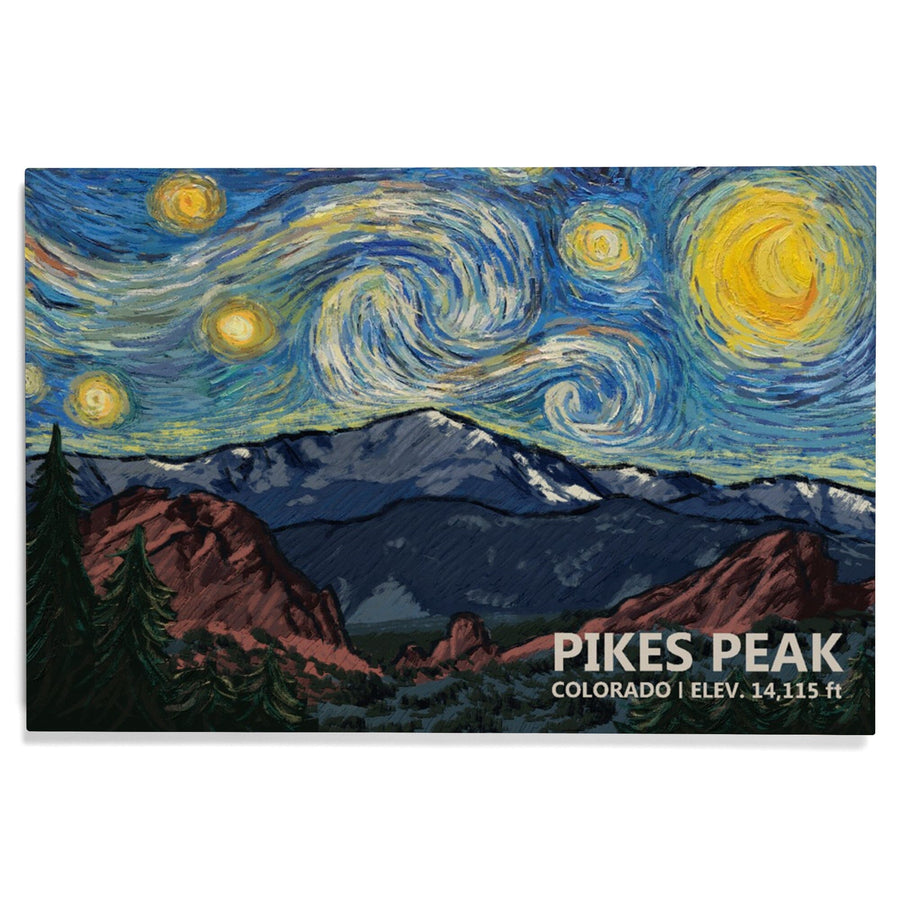 Pikes Peak, Colorado, Van Gogh Starry Night, Lantern Press Artwork, Wood Signs and Postcards Wood Lantern Press 