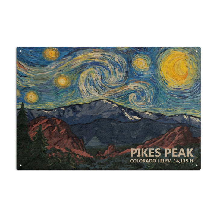 Pikes Peak, Colorado, Van Gogh Starry Night, Lantern Press Artwork, Wood Signs and Postcards Wood Lantern Press 6x9 Wood Sign 