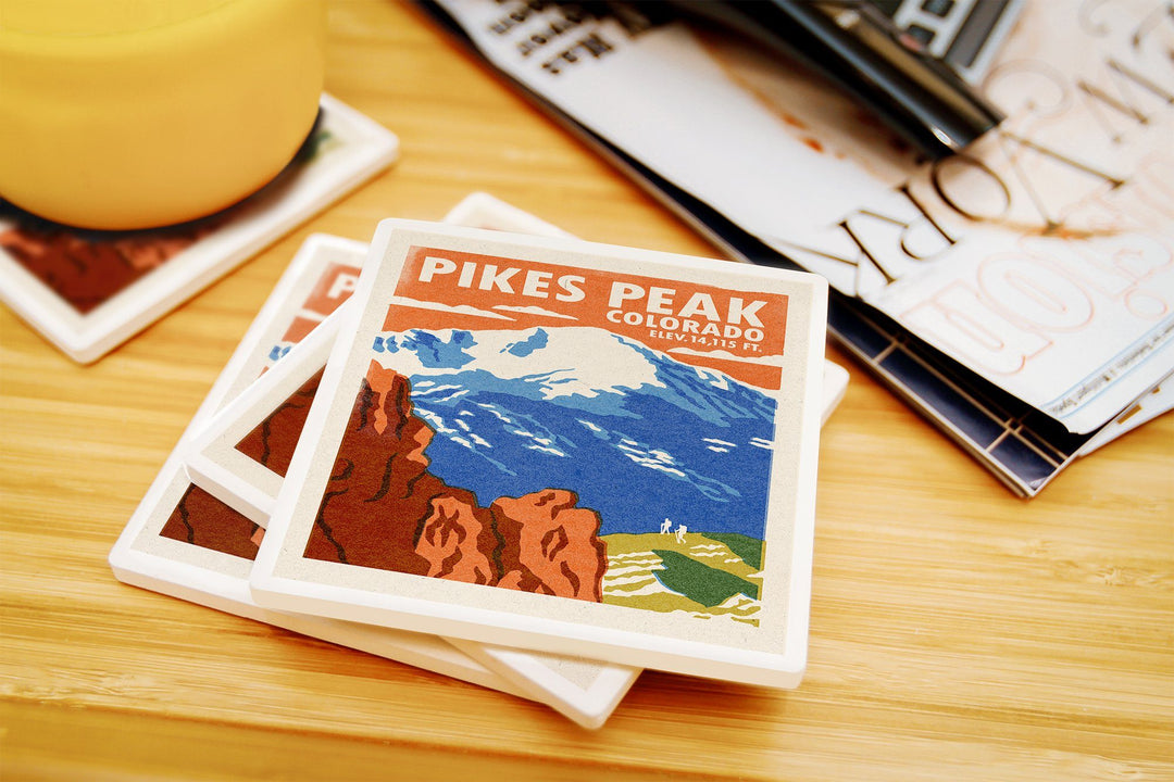 Pikes Peak, Colorado, Woodblock, Lantern Press Artwork, Coaster Set Coasters Lantern Press 