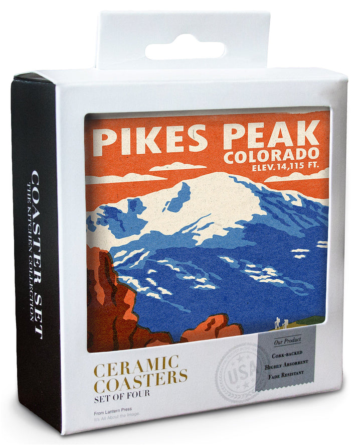 Pikes Peak, Colorado, Woodblock, Lantern Press Artwork, Coaster Set Coasters Lantern Press 