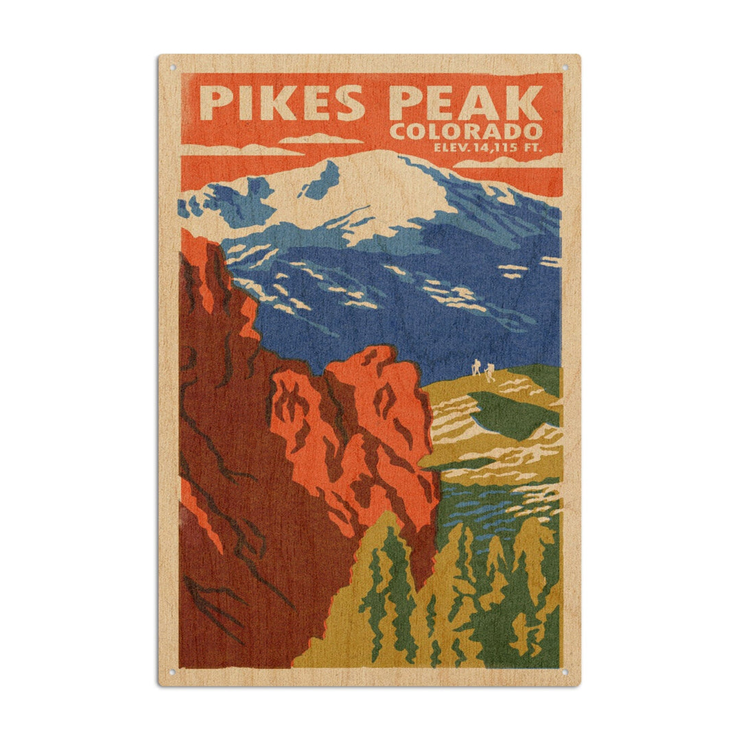 Pikes Peak, Colorado, Woodblock, Lantern Press Artwork, Wood Signs and Postcards Wood Lantern Press 10 x 15 Wood Sign 