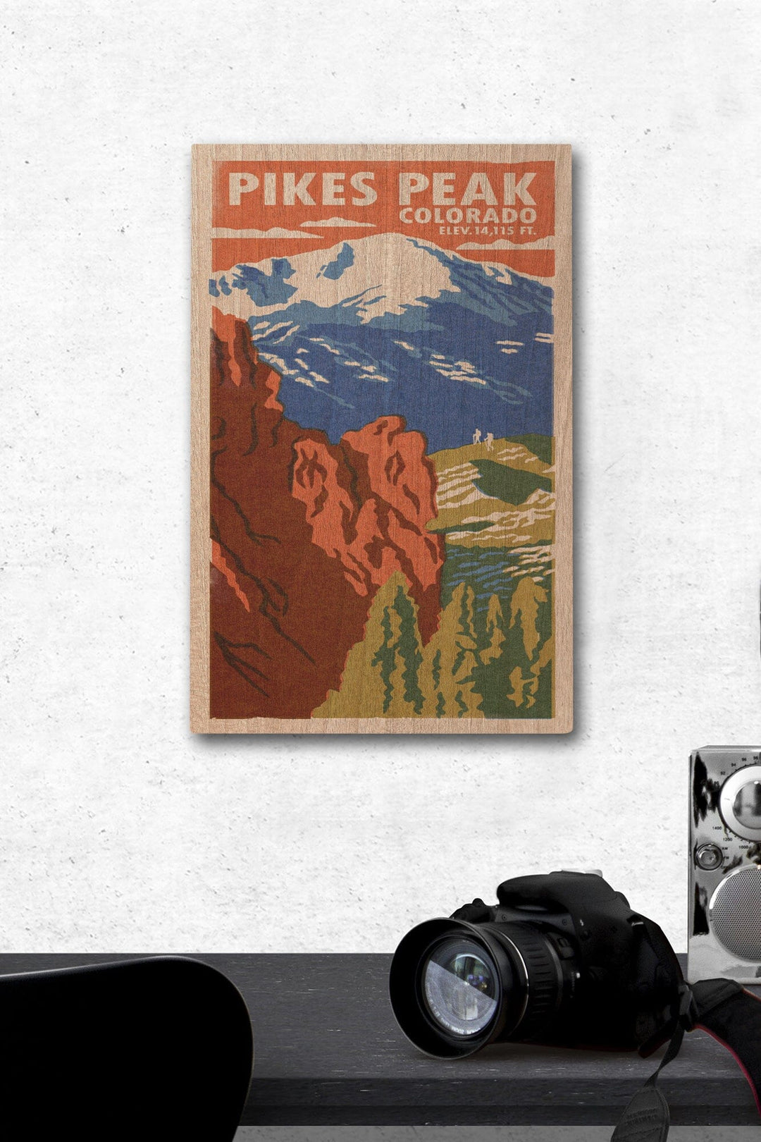 Pikes Peak, Colorado, Woodblock, Lantern Press Artwork, Wood Signs and Postcards Wood Lantern Press 12 x 18 Wood Gallery Print 
