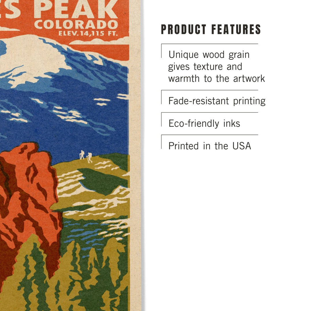 Pikes Peak, Colorado, Woodblock, Lantern Press Artwork, Wood Signs and Postcards Wood Lantern Press 