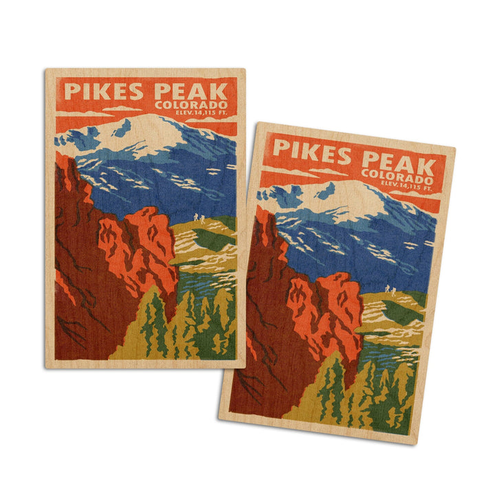 Pikes Peak, Colorado, Woodblock, Lantern Press Artwork, Wood Signs and Postcards Wood Lantern Press 4x6 Wood Postcard Set 