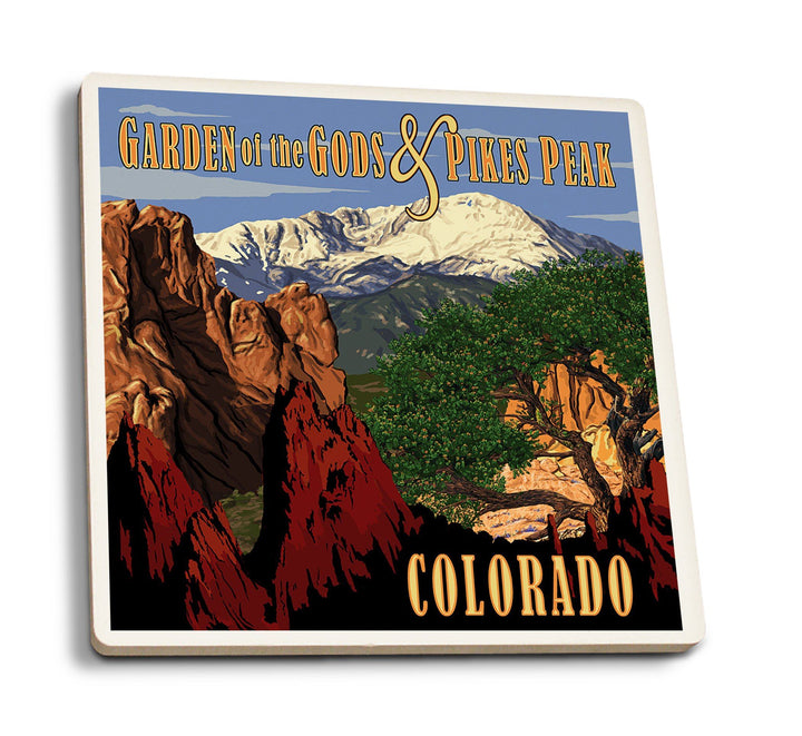 Pikes Peak from Garden of the Gods, Colorado, Lantern Press Artwork, Coaster Set Coasters Lantern Press 
