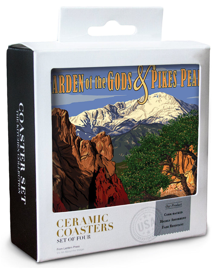 Pikes Peak from Garden of the Gods, Colorado, Lantern Press Artwork, Coaster Set Coasters Lantern Press 