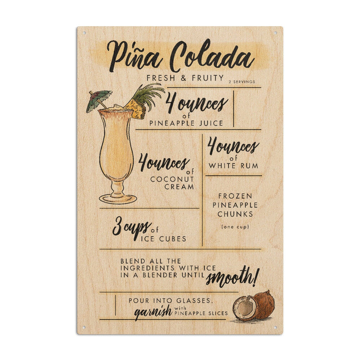 Pina Colada, Cocktail Recipe, Lantern Press Artwork, Wood Signs and Postcards Wood Lantern Press 10 x 15 Wood Sign 
