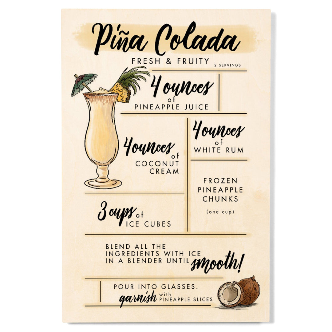 Pina Colada, Cocktail Recipe, Lantern Press Artwork, Wood Signs and Postcards Wood Lantern Press 