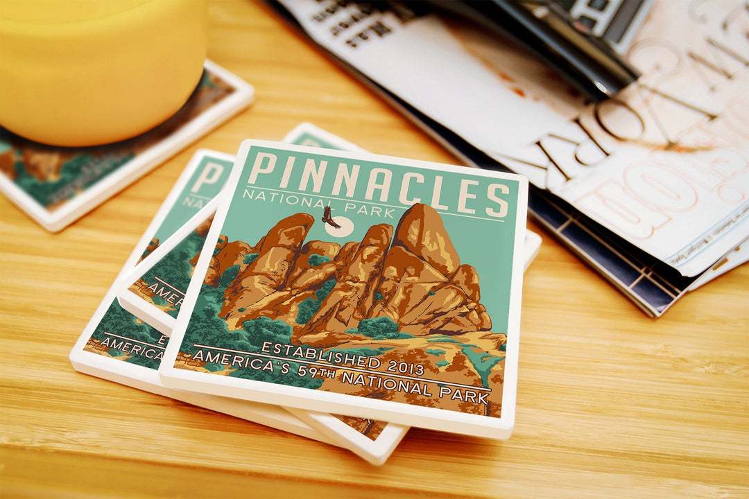 Pinnacles National Park, California, WPA Formations & Condor, Lantern Press Artwork, Coaster Set Coasters Lantern Press 
