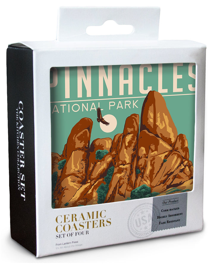 Pinnacles National Park, California, WPA Formations & Condor, Lantern Press Artwork, Coaster Set Coasters Lantern Press 