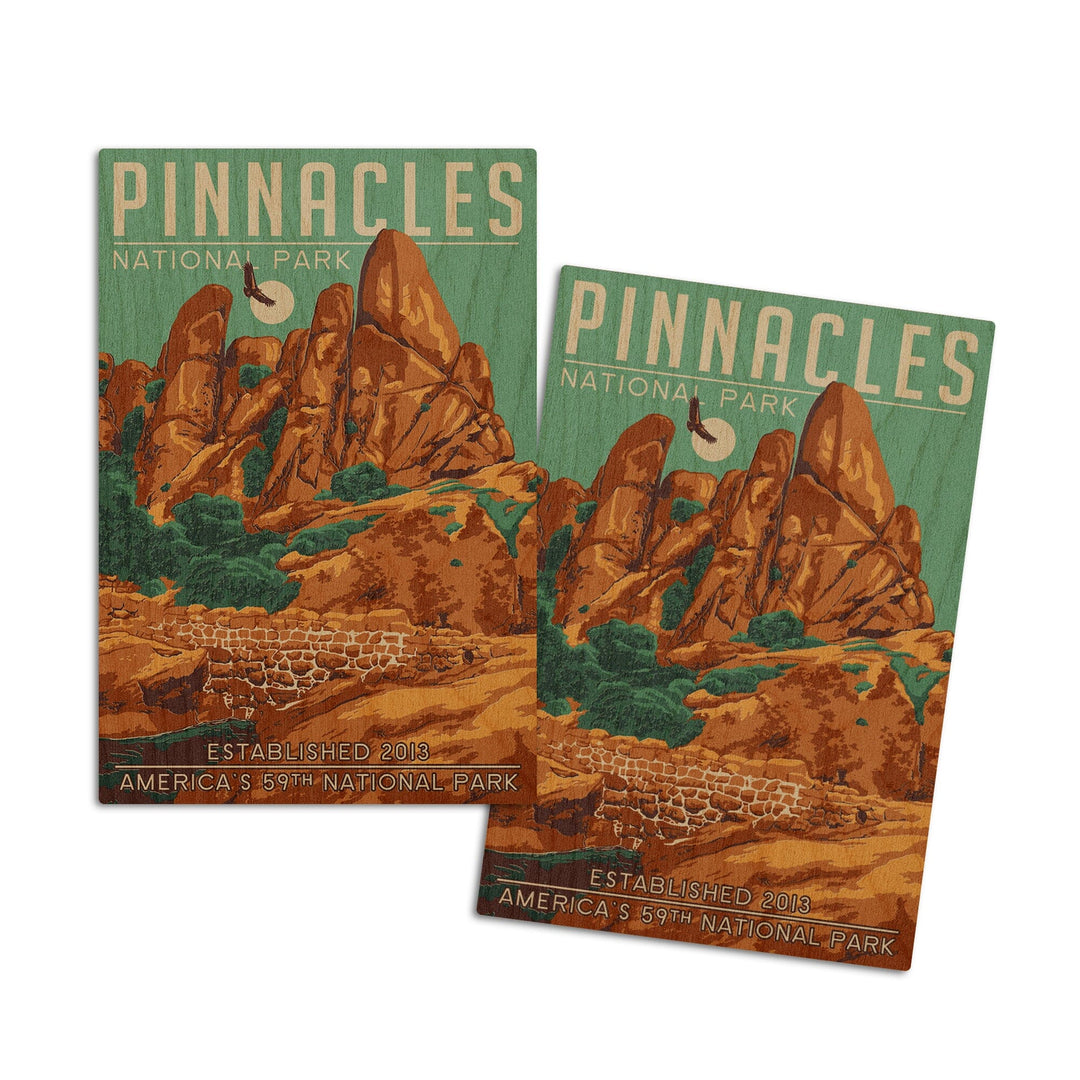 Pinnacles National Park, California, WPA Formations & Condor, Lantern Press Artwork, Wood Signs and Postcards Wood Lantern Press 4x6 Wood Postcard Set 
