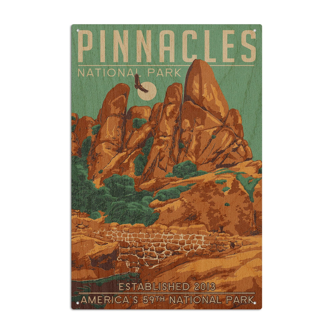 Pinnacles National Park, California, WPA Formations & Condor, Lantern Press Artwork, Wood Signs and Postcards Wood Lantern Press 6x9 Wood Sign 