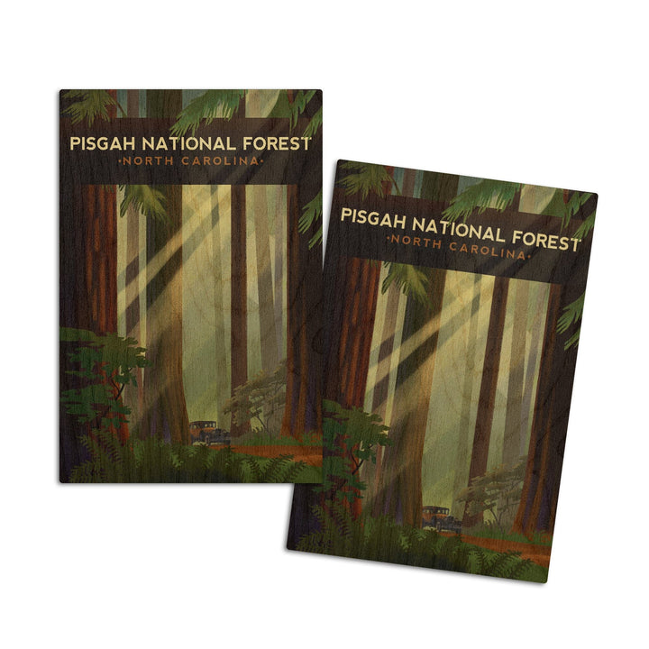 Pisgah National Forest, North Carolina, Redwood Forest, Lithograph, Lantern Press Artwork, Wood Signs and Postcards Wood Lantern Press 4x6 Wood Postcard Set 