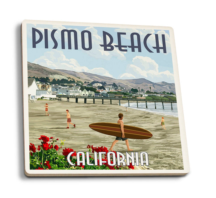 Pismo Beach, California, Beach and Surfer Scene, Lantern Press Artwork, Coaster Set Coasters Lantern Press 