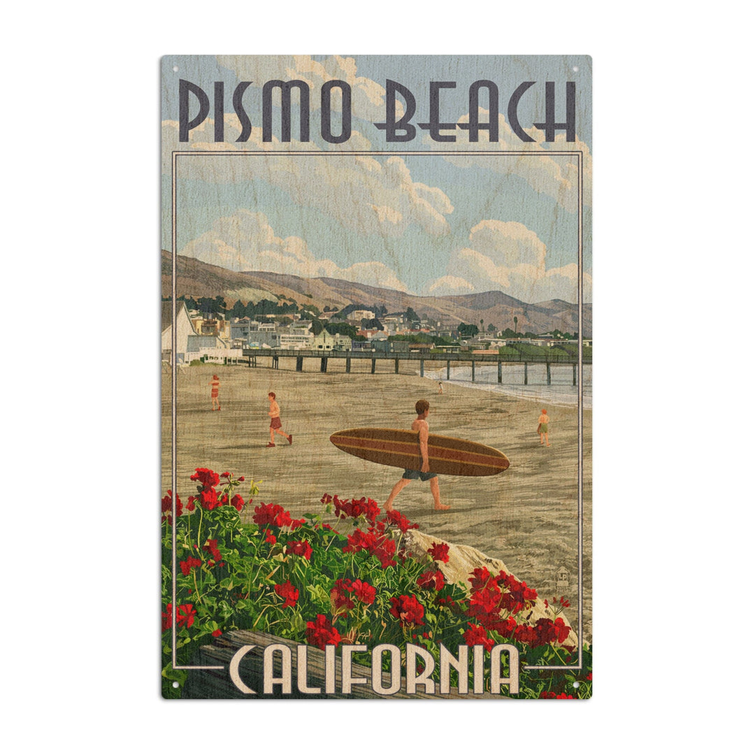 Pismo Beach, California, Beach and Surfer Scene, Lantern Press Artwork, Wood Signs and Postcards Wood Lantern Press 10 x 15 Wood Sign 
