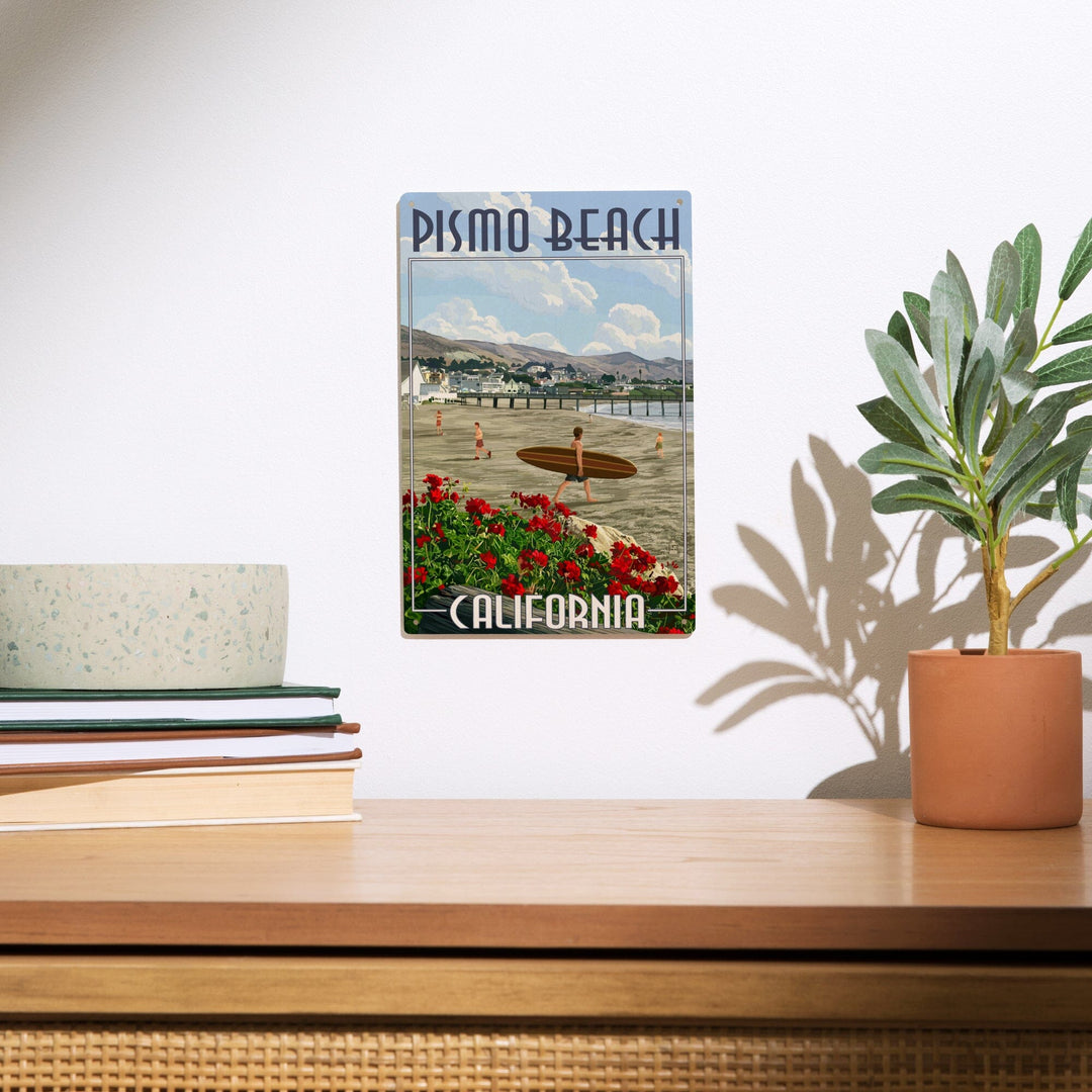 Pismo Beach, California, Beach and Surfer Scene, Lantern Press Artwork, Wood Signs and Postcards Wood Lantern Press 