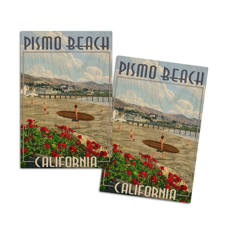 Pismo Beach, California, Beach and Surfer Scene, Lantern Press Artwork, Wood Signs and Postcards Wood Lantern Press 4x6 Wood Postcard Set 