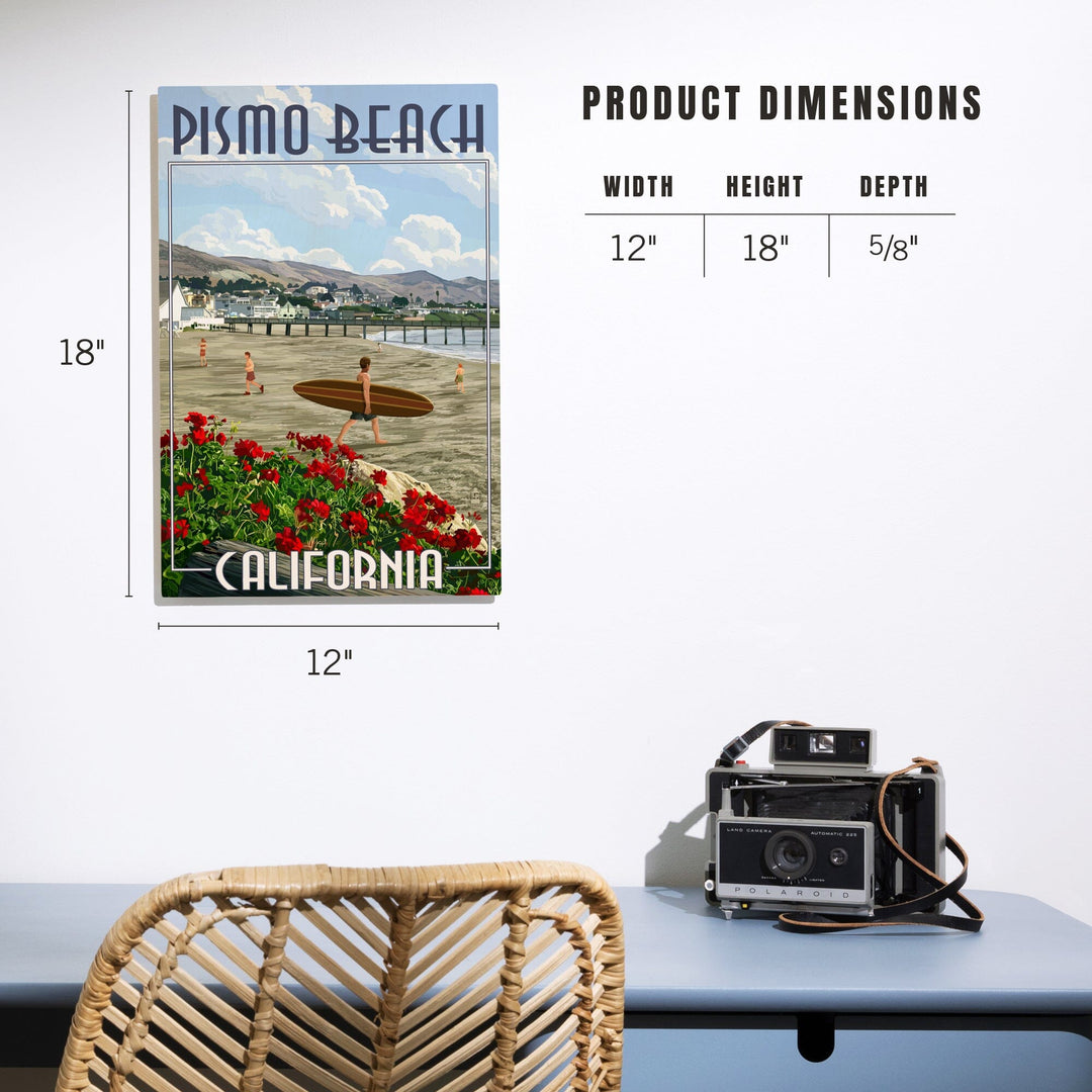 Pismo Beach, California, Beach and Surfer Scene, Lantern Press Artwork, Wood Signs and Postcards Wood Lantern Press 