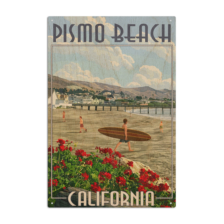 Pismo Beach, California, Beach and Surfer Scene, Lantern Press Artwork, Wood Signs and Postcards Wood Lantern Press 6x9 Wood Sign 