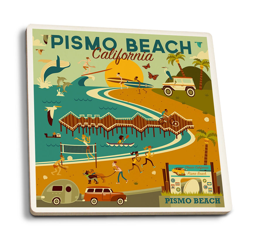 Pismo Beach, California, Geometric, Blue Sky, Lantern Press Artwork, Coaster Set Coasters Lantern Press 