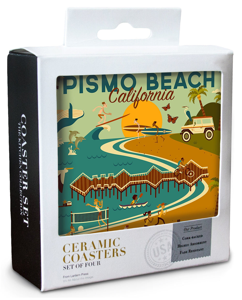 Pismo Beach, California, Geometric, Blue Sky, Lantern Press Artwork, Coaster Set Coasters Lantern Press 