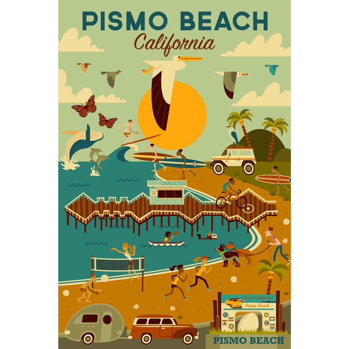Pismo Beach, California, Geometric, Blue Sky, Lantern Press Artwork, Stretched Canvas Canvas Lantern Press 