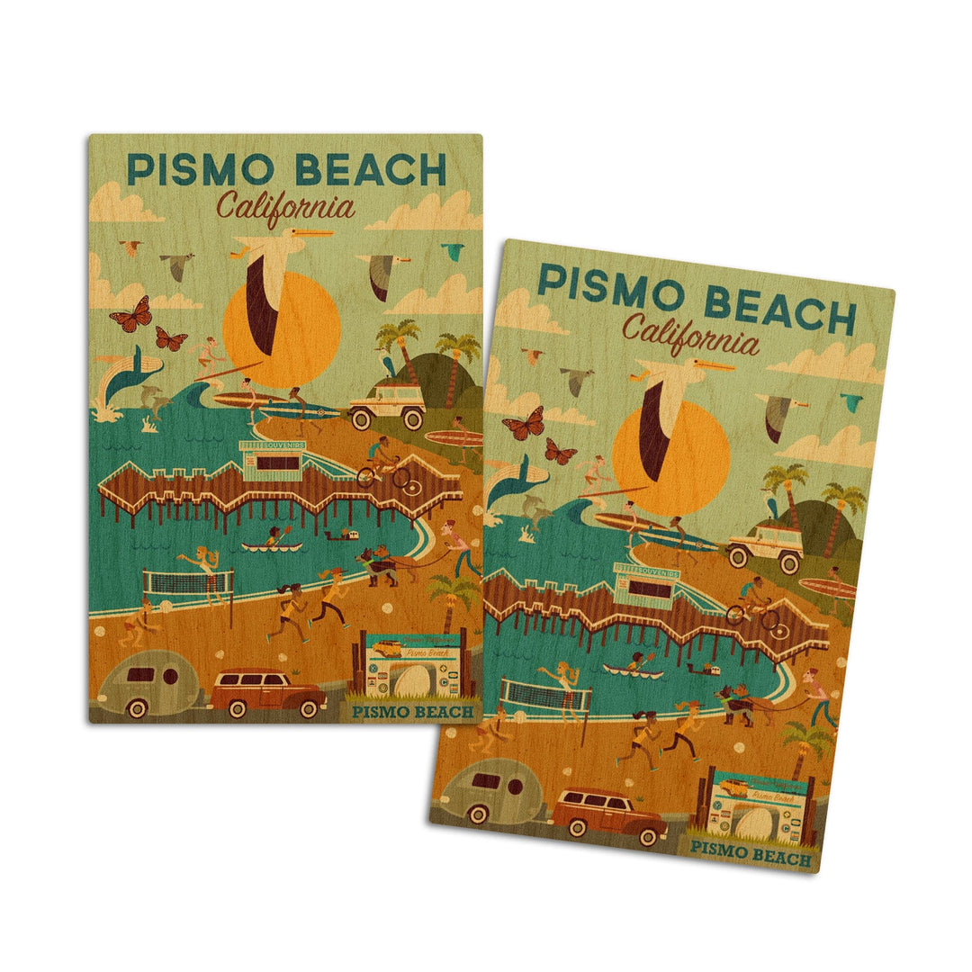 Pismo Beach, California, Geometric, Blue Sky, Lantern Press Artwork, Wood Signs and Postcards Wood Lantern Press 4x6 Wood Postcard Set 