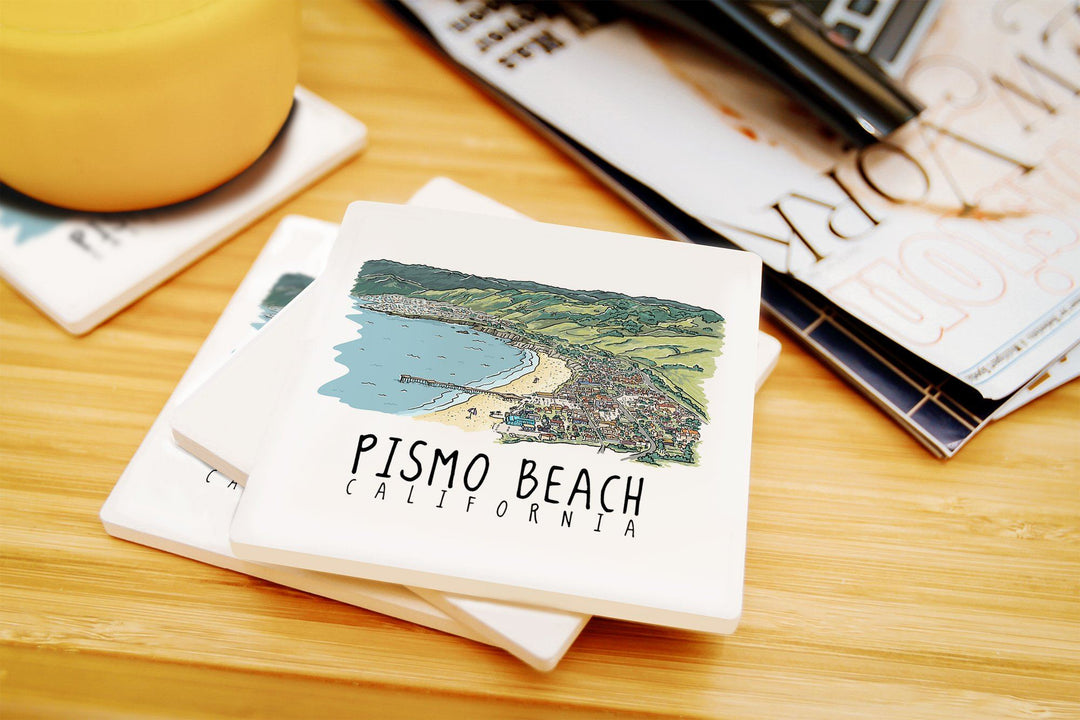 Pismo Beach, California, Line Drawing, Lantern Press Artwork, Coaster Set Coasters Lantern Press 