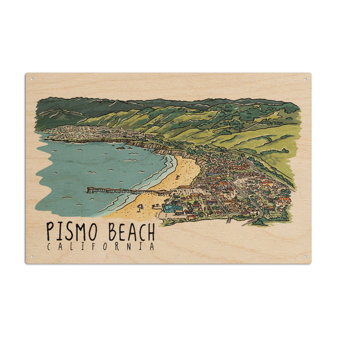Pismo Beach, California, Line Drawing, Lantern Press Artwork, Wood Signs and Postcards Wood Lantern Press 10 x 15 Wood Sign 